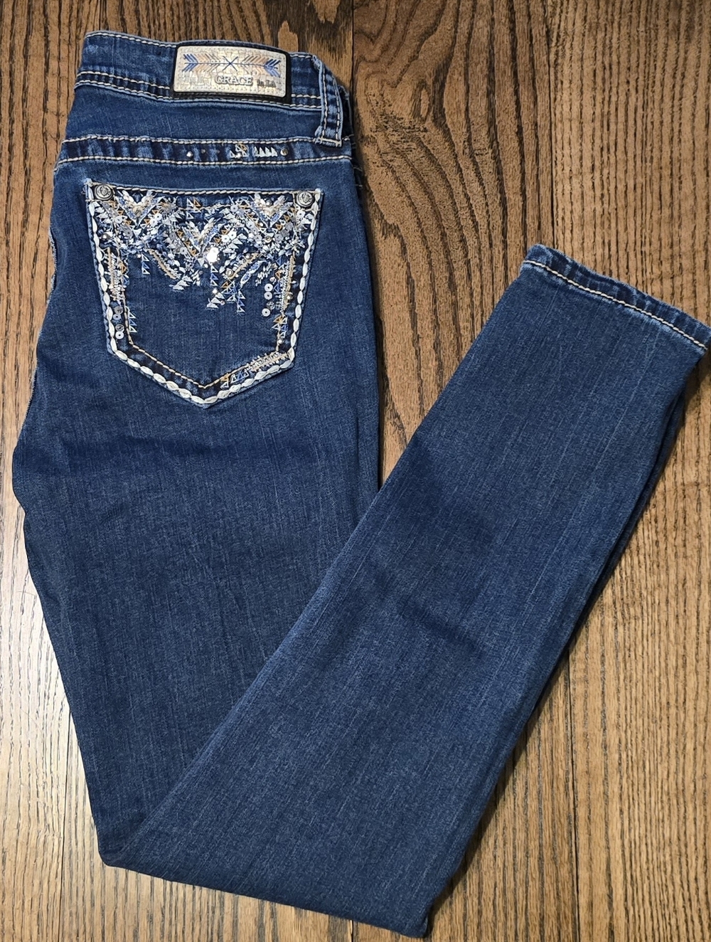 Grace in LA Dark Blue Skinny Jeans with Embellished Back Pocket Easy Fit
